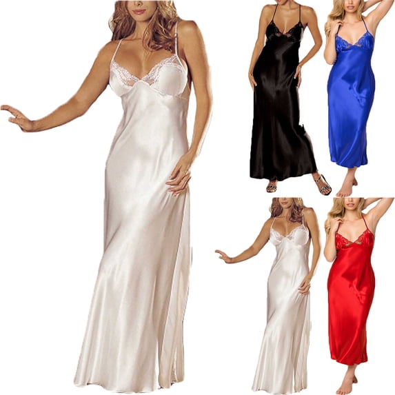Women's Satin Nightgowns Lingerie Long Nightgowns Satin Silk Negligee V Neck Lace Chemise Sleepwear Women Solid Lace Underwear Sleepskirt