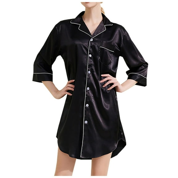 Women's Satin Nightgowns Mid Length Slim Large Pullover Shirt Be Worn Outside Thin Satin Dress Black XL