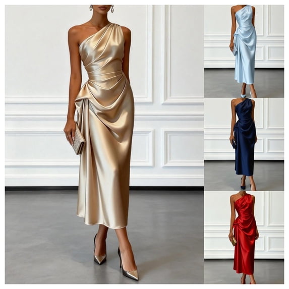 Women's Satin One-Shoulder Midi Dress, Ruched Waist Draped Formal Cocktail Party Dress, Elegant Evening Gown, S-2XL