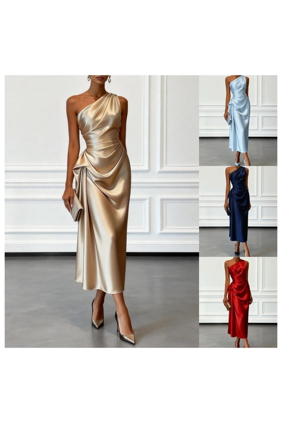 Women's Satin One-Shoulder Midi Dress, Ruched Waist Draped Formal Cocktail Party Dress, Elegant Evening Gown, S-2XL