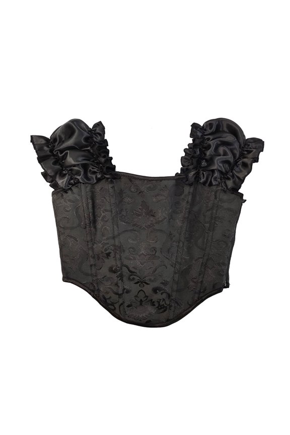 Women's Satin Overbust Corset Tops Off Shoulder Bow Tie Straps Floral Pattern Body Suit Shapewear Black 3XL