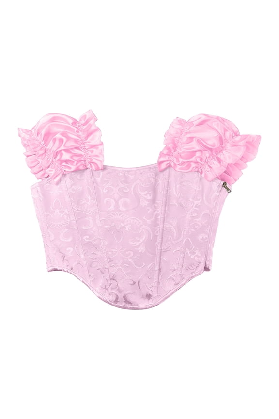 Women's Satin Overbust Corset Tops Off Shoulder Bow Tie Straps Floral Pattern Body Suit Shapewear Pink 2XL