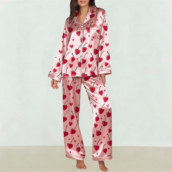 Women's Satin Pajama Set, 2 Piece Button Down Shirt & Wide Leg Pants, Cute Matching Sleepwear Loungewear Set for Valentine's Day, Cozy Pajamas Gift for Her