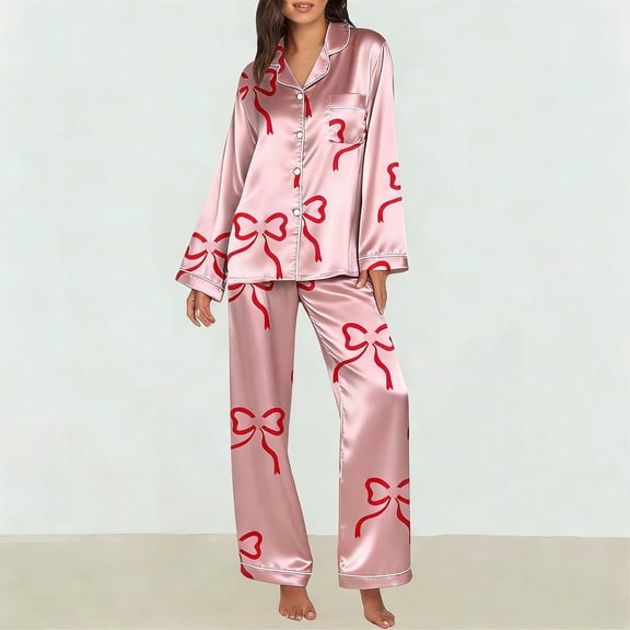 Women's Satin Pajama Set, 2 Piece Button Down Shirt & Wide Leg Pants, Cute Matching Sleepwear Loungewear Set for Valentine's Day, Cozy Pajamas Gift for Her