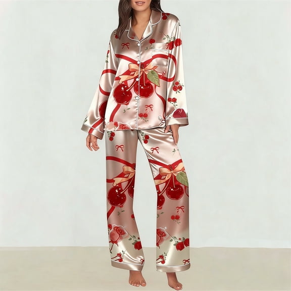 Women's Satin Pajama Set, 2 Piece Button Down Shirt & Wide Leg Pants, Cute Matching Sleepwear Loungewear Set for Valentine's Day, Cozy Pajamas Gift for Her