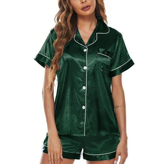 Women's Satin Pajama Set Short Sleeve Pajamas Button Up Soft Cool Silky Pjs 2 Piece Fall Summer Comfy Green Small