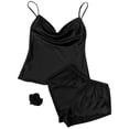 thumbnail image 1 of Women's Satin Pajama Set Soft 2 Piece Booty Shorts Lounge Set Silk Cami Shorts Set Summer Sleepwear Cowl Neck Tank Black X-Small, 1 of 1