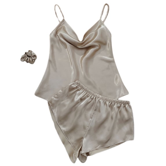 Women's Satin Pajama Set Soft 2 Piece Booty Shorts Lounge Set Silk Cami Shorts Set Summer Sleepwear Cowl Neck Tank Khaki X-Small
