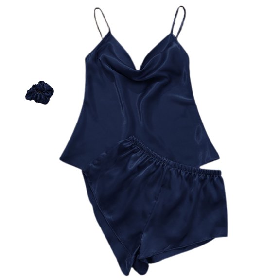 Women's Satin Pajama Set Soft 2 Piece Booty Shorts Lounge Set Silk Cami Shorts Set Summer Sleepwear Cowl Neck Tank Navy Large