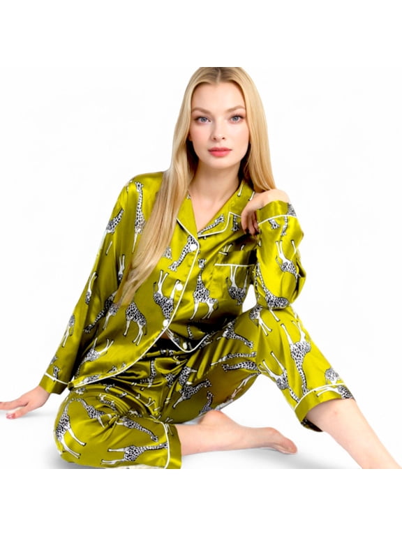 Women's Satin Pajama Set with Giraffe Print and Button-Down Top- Yellow,Medium