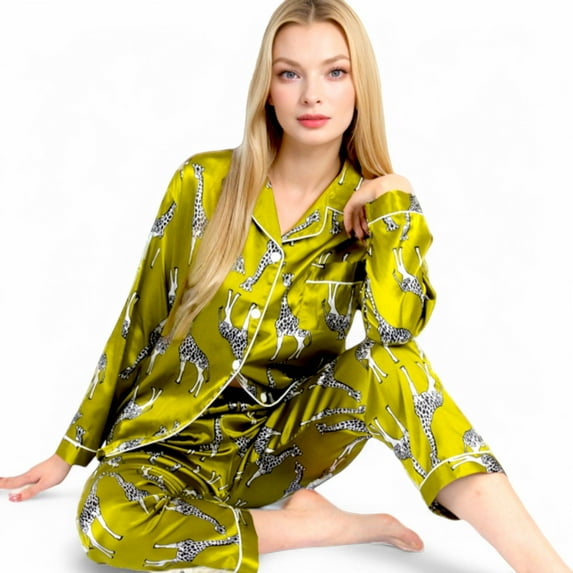 Women's Satin Pajama Set with Giraffe Print and Button-Down Top- Yellow,X Large