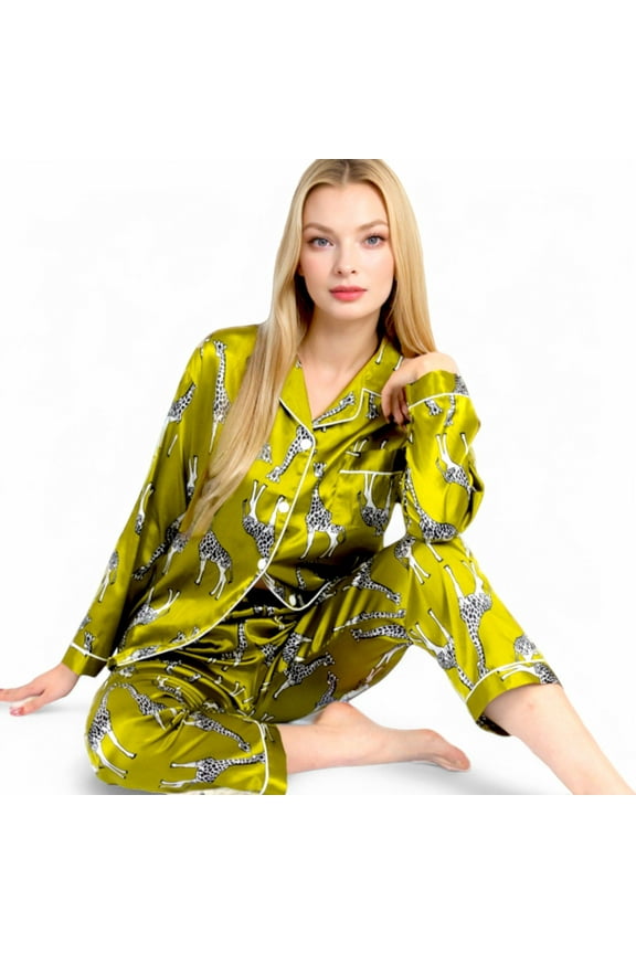 Women's Satin Pajama Set with Giraffe Print and Button-Down Top- Yellow,X Large
