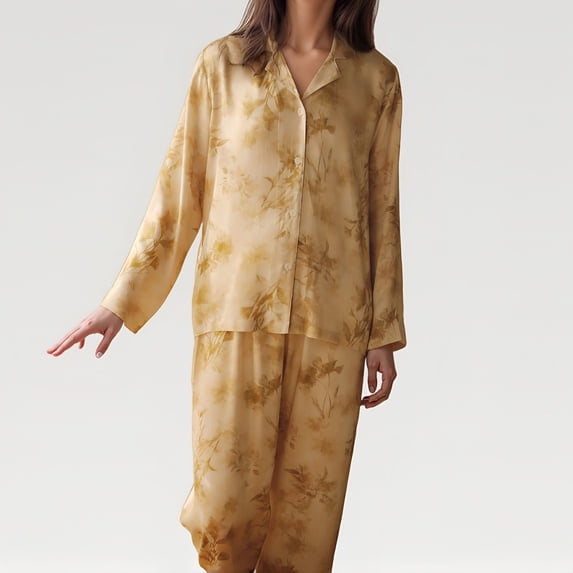 Women's Satin Pajama Set with Golden Botanical Print Long Sleeve Button Up Top and Relaxed Fit Pants - Medium, Yellow