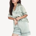 thumbnail image 1 of Women's Satin Pajama Set with Lace Trim Short Sleeve Button Top and Elastic Waist Shorts - Medium, Green, 1 of 7