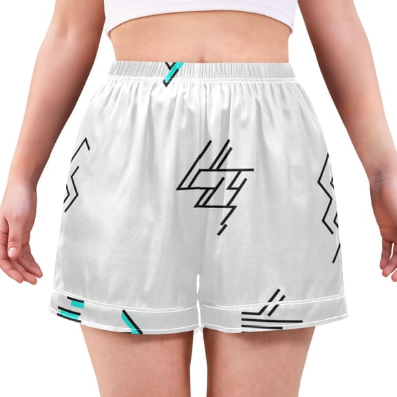Women's Satin Pajama Shorts Abstract Line Patterns with Pockets, Elastic Waist Sleep Lounge Shorts