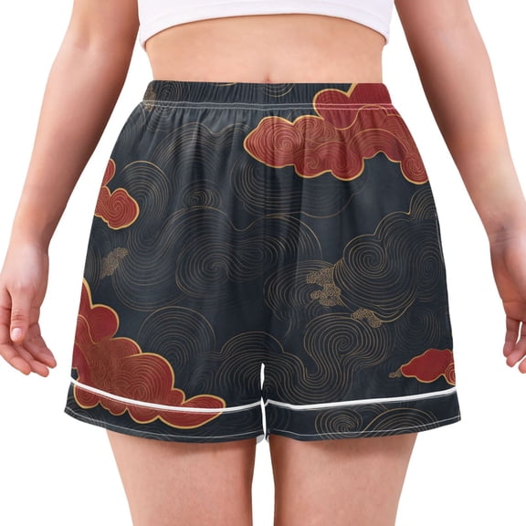 Women's Satin Pajama Shorts Black Background with Red Clouds with Pockets, Elastic Waist Sleep Lounge Shorts