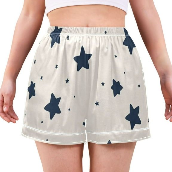 Women's Satin Pajama Shorts Black Stars with Pockets, Elastic Waist Sleep Lounge Shorts