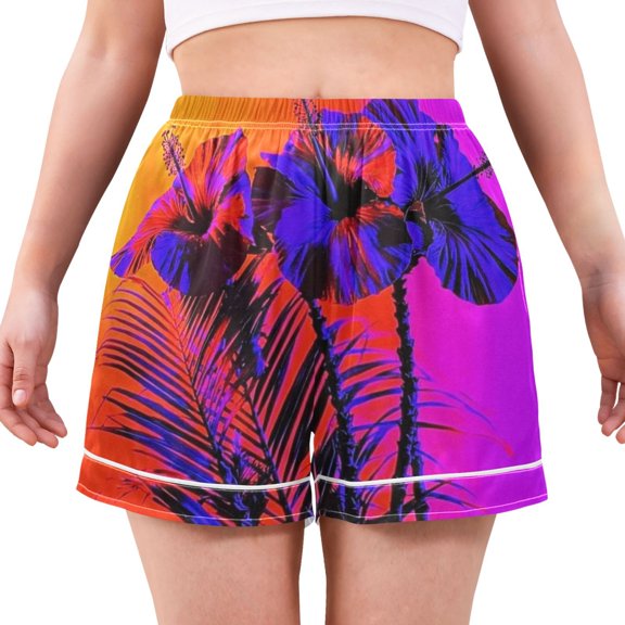 Women's Satin Pajama Shorts Blue Red Poppies Art with Pockets, Elastic Waist Sleep Lounge Shorts
