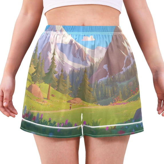 Women's Satin Pajama Shorts Breathtaking Mountain with Pockets, Elastic Waist Sleep Lounge Shorts