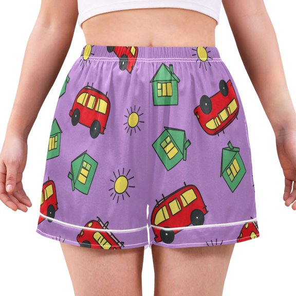 Women's Satin Pajama Shorts Bus Pattern with Pockets, Elastic Waist Sleep Lounge Shorts