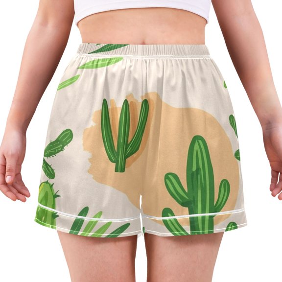 Women's Satin Pajama Shorts Cactus Pattern with Pockets, Elastic Waist Sleep Lounge Shorts