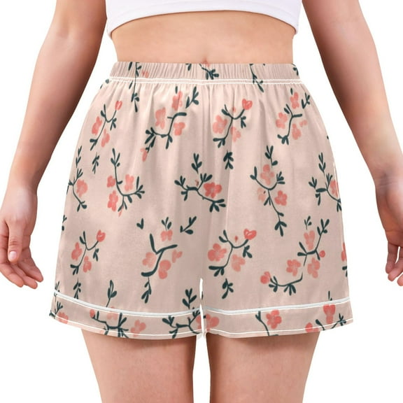 Women's Satin Pajama Shorts Cherry Blossoms with Pockets, Elastic Waist Sleep Lounge Shorts