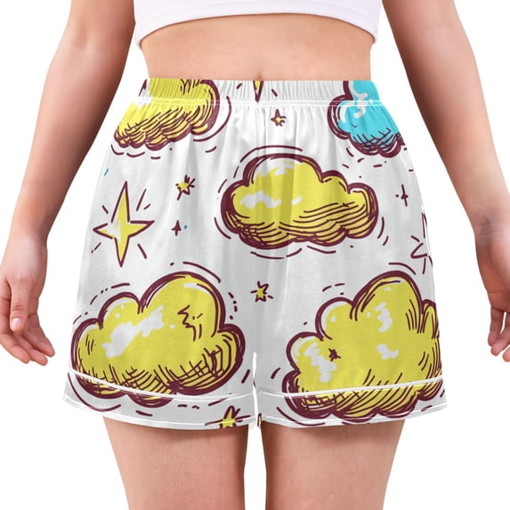 Women's Satin Pajama Shorts Clouds and Stars Drawn with Pockets, Elastic Waist Sleep Lounge Shorts