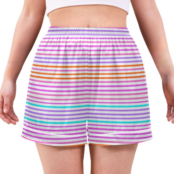 Women's Satin Pajama Shorts Colorful Horizontal Stripes Pattern with Pockets, Elastic Waist Sleep Lounge Shorts
