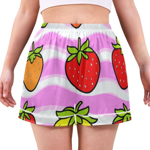 Women's Satin Pajama Shorts Colorful Strawberries with Pockets, Elastic Waist Sleep Lounge Shorts