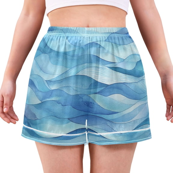 Women's Satin Pajama Shorts Cool Toned Waves Pattern with Pockets, Elastic Waist Sleep Lounge Shorts