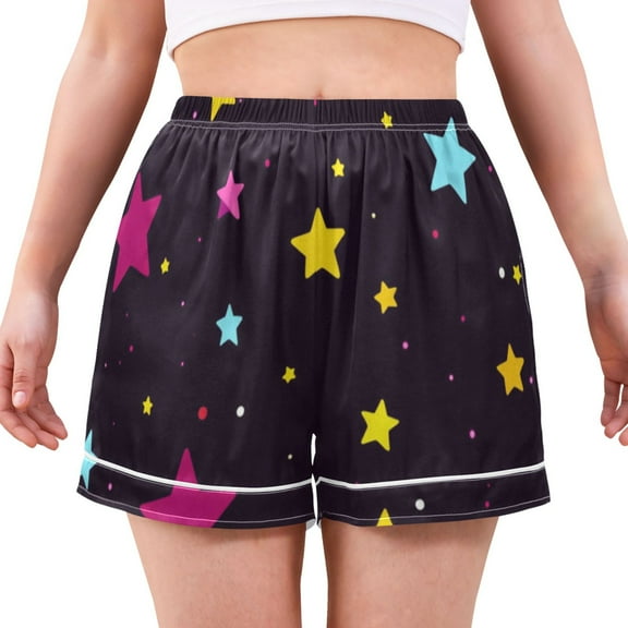 Women's Satin Pajama Shorts Cosmic Stars with Pockets, Elastic Waist Sleep Lounge Shorts