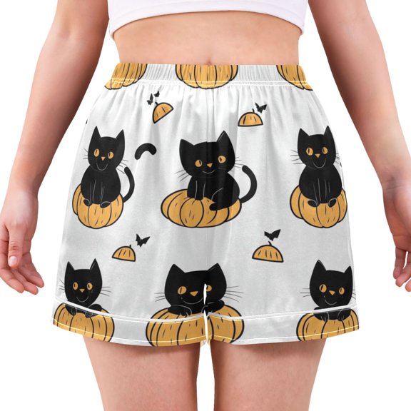 Women's Satin Pajama Shorts Cute Black Cat with Pockets, Elastic Waist Sleep Lounge Shorts