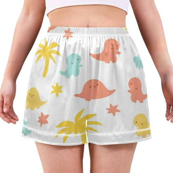 Women's Satin Pajama Shorts Cute Little Dinosaur with Pockets, Elastic Waist Sleep Lounge Shorts