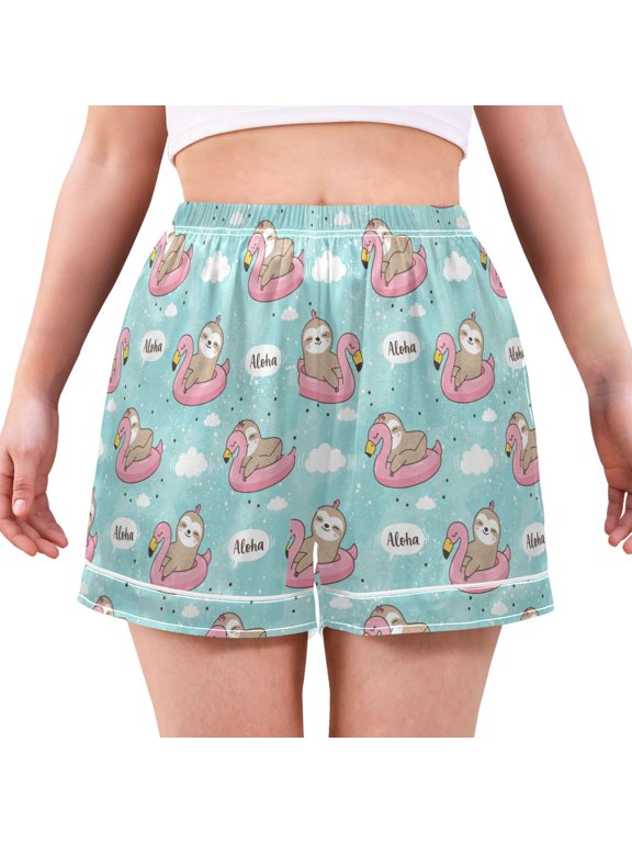 Women's Satin Pajama Shorts Cute Sloth on Flamingo Pajama Shorts Women's Casual Pajama Shorts with Pockets