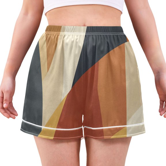 Women's Satin Pajama Shorts Flowing Lines with Pockets, Elastic Waist Sleep Lounge Shorts