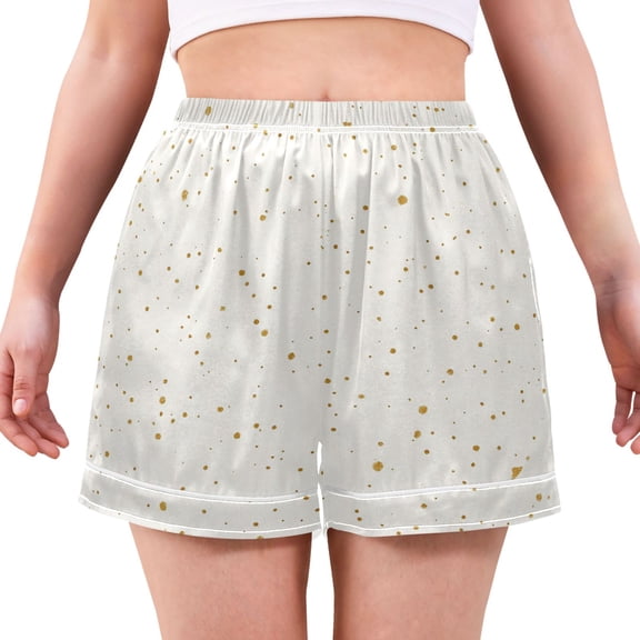 Women's Satin Pajama Shorts Gold Dots Pattern with Pockets, Elastic Waist Sleep Lounge Shorts