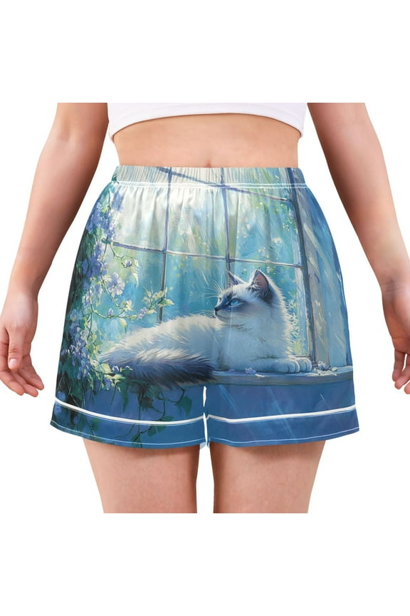 Women's Satin Pajama Shorts Graceful Siamese Cat with Pockets, Elastic Waist Sleep Lounge Shorts