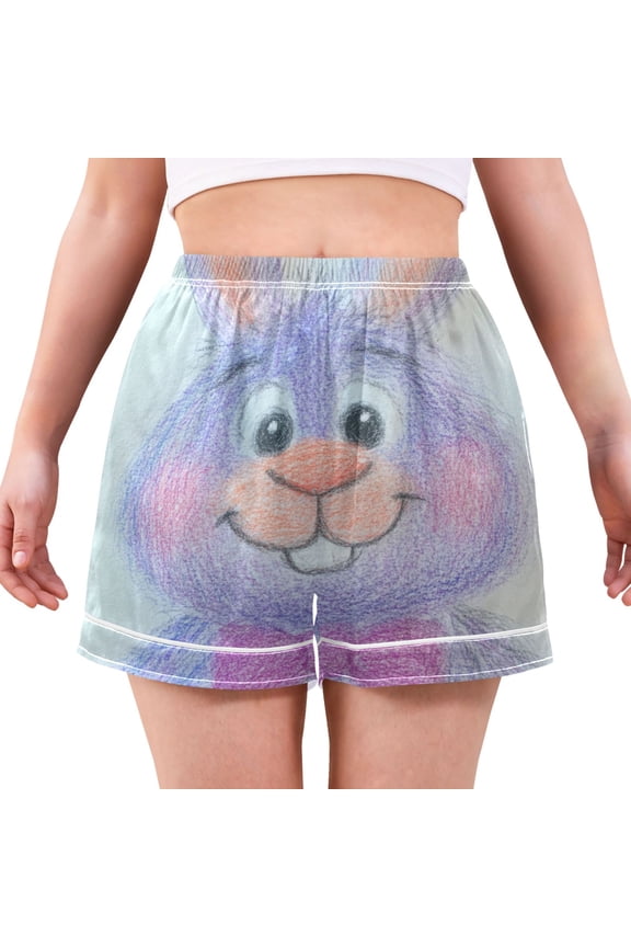Women's Satin Pajama Shorts Hand Drawn Rabbit Pattern with Pockets, Elastic Waist Sleep Lounge Shorts
