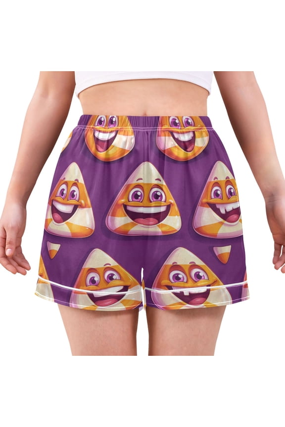 Women's Satin Pajama Shorts Happy Candy Pattern with Pockets, Elastic Waist Sleep Lounge Shorts