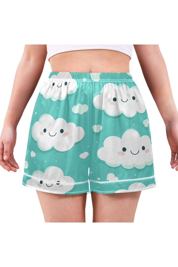 Women's Satin Pajama Shorts Happy Clouds Pattern with Pockets, Elastic Waist Sleep Lounge Shorts