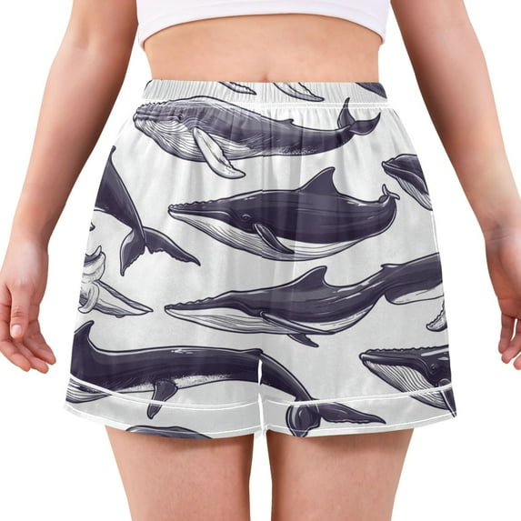 Women's Satin Pajama Shorts Illustrated Whales Pattern with Pockets, Elastic Waist Sleep Lounge Shorts