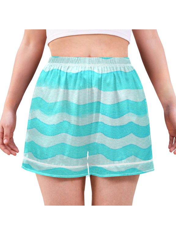 Women's Satin Pajama Shorts Light Blue Waves with Pockets, Elastic Waist Sleep Lounge Shorts