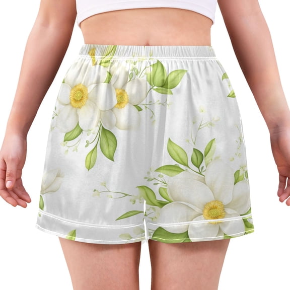 Women's Satin Pajama Shorts Magnolia Blooms Pattern with Pockets, Elastic Waist Sleep Lounge Shorts