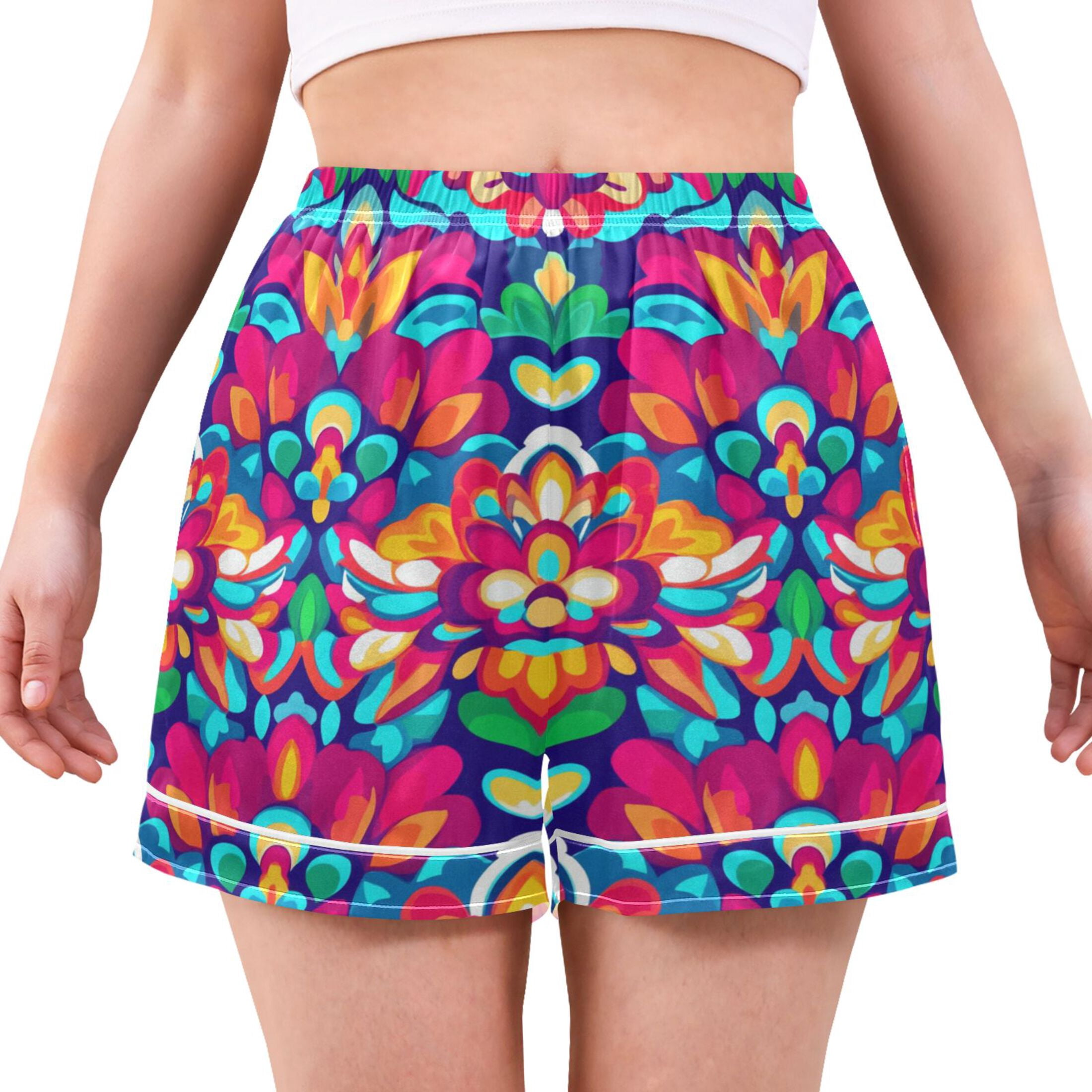 Women's Satin Pajama Shorts Mandala with Pockets, Elastic Waist Sleep Lounge Shorts