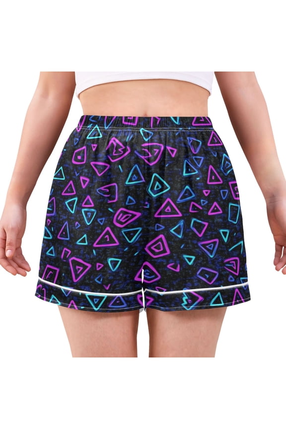 Women's Satin Pajama Shorts Modern Triangles Neon Pattern with Pockets, Elastic Waist Sleep Lounge Shorts