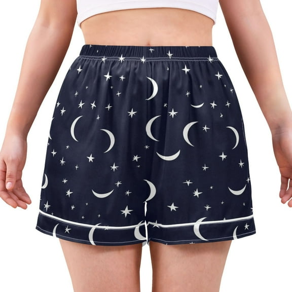 Women's Satin Pajama Shorts Moons and Stars with Pockets, Elastic Waist Sleep Lounge Shorts