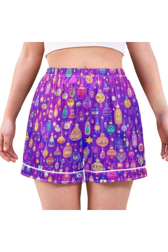 Women's Satin Pajama Shorts Neon Lanterns Pattern with Pockets, Elastic Waist Sleep Lounge Shorts