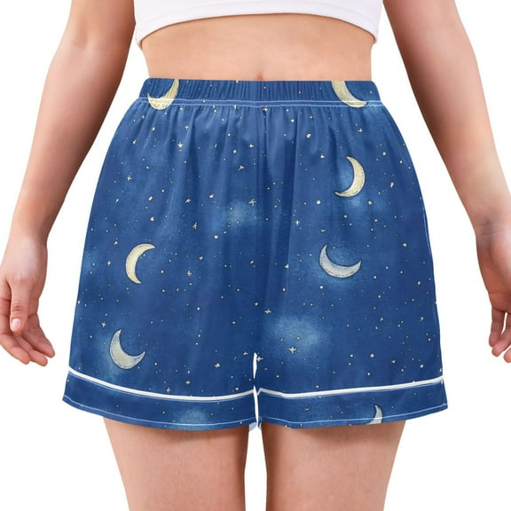 Women's Satin Pajama Shorts Night Sky Moon Pattern with Pockets, Elastic Waist Sleep Lounge Shorts