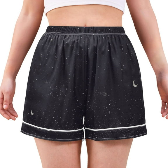 Women's Satin Pajama Shorts Night Sky Stars Moons with Pockets, Elastic Waist Sleep Lounge Shorts
