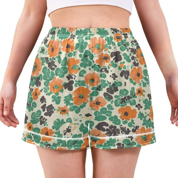 Women's Satin Pajama Shorts Orange Green Floral Print with Pockets, Elastic Waist Sleep Lounge Shorts